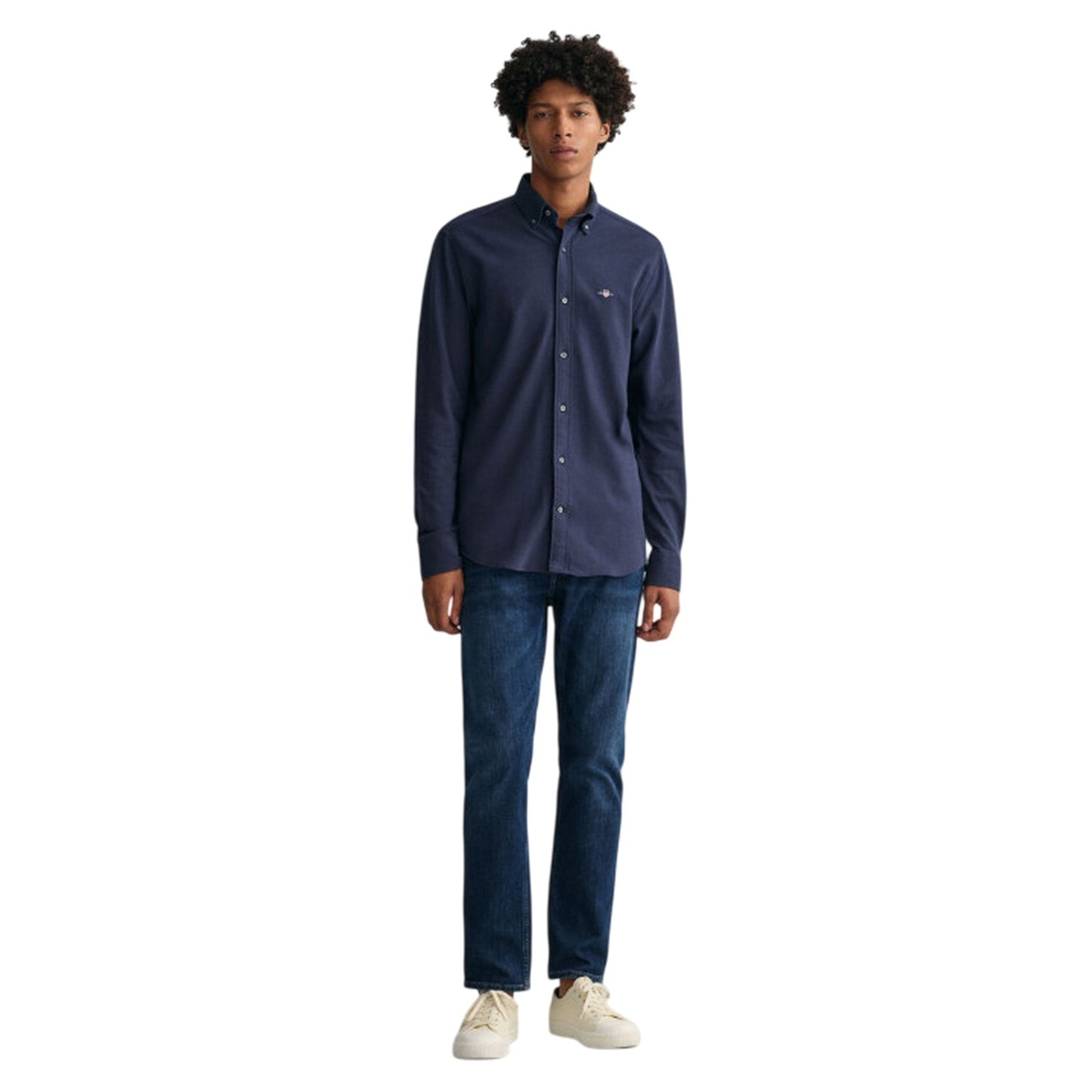 Navy - Side - Gant Mens Cotton Pique Regular Button-Down Shirt