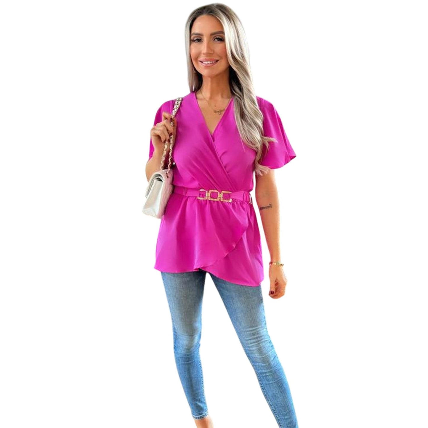 Hot Pink - Side - Ax Womens-Ladies Belted Flutter Wrap Top