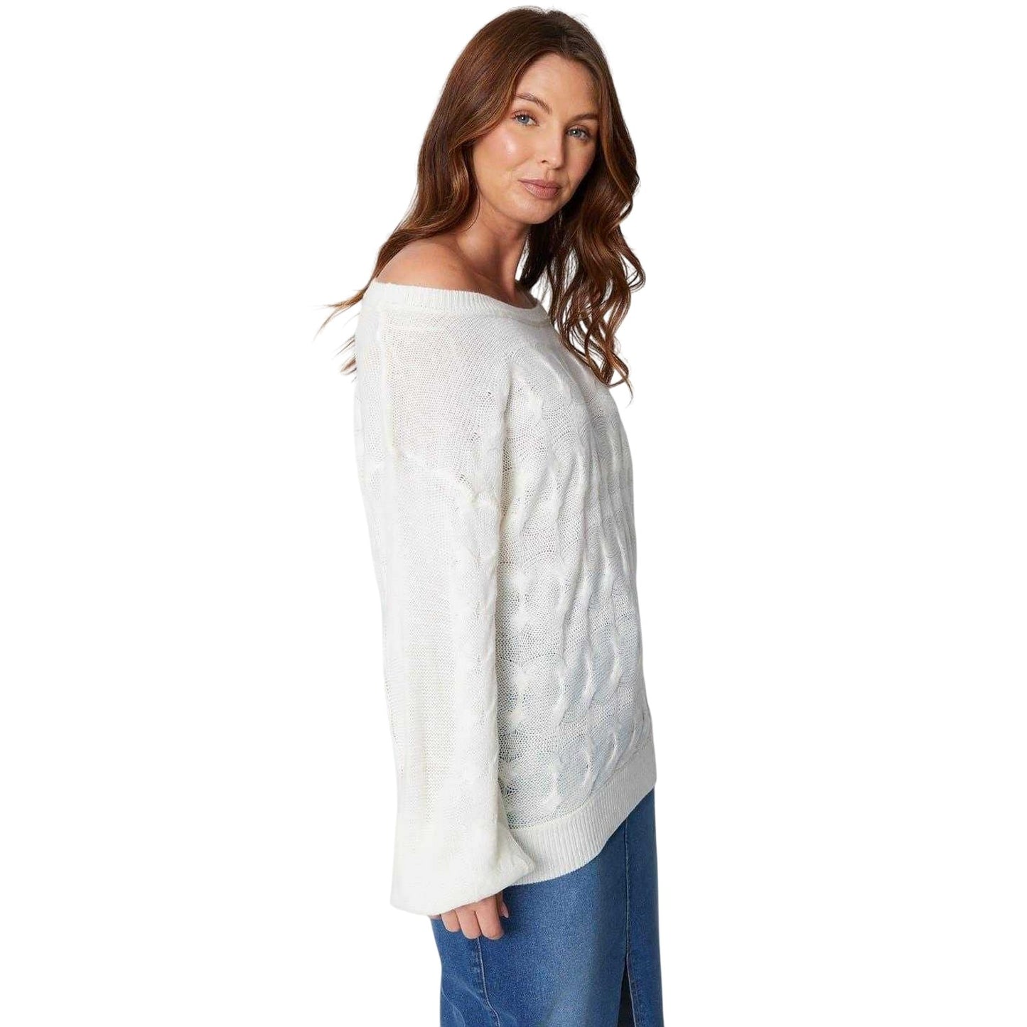 Cream - Back - Be You Womens-Ladies Cable Knit Off Shoulder Relaxed Fit Top