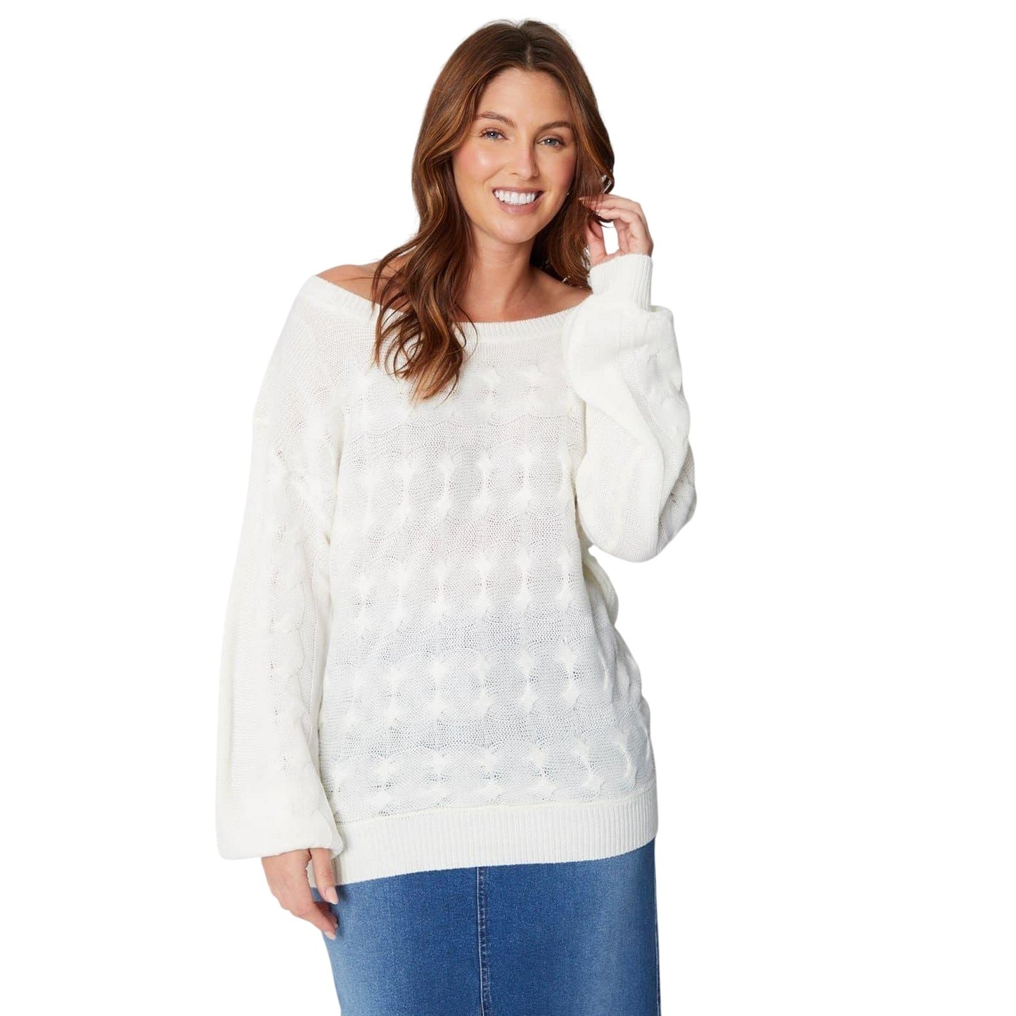 Cream - Front - Be You Womens-Ladies Cable Knit Off Shoulder Relaxed Fit Top