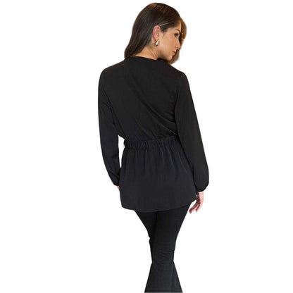 Black - Back - Ax Womens-Ladies Gold Detail Belt Long-Sleeved Wrap Top