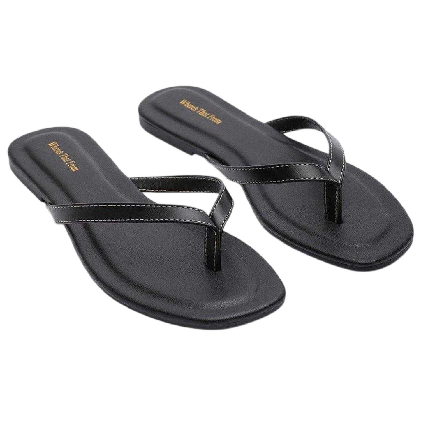 Black - Side - Where´s That From Womens-Ladies Contrast Detail Faux Leather Flat Flip Flops
