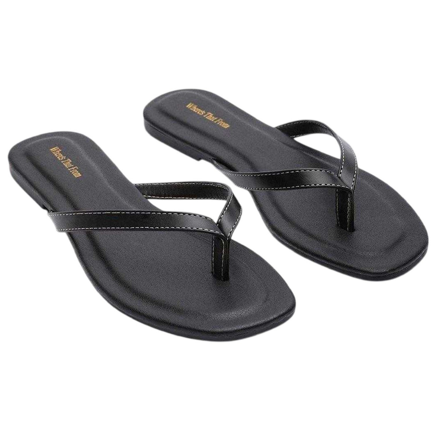 Black - Side - Where´s That From Womens-Ladies Contrast Detail Faux Leather Flat Flip Flops