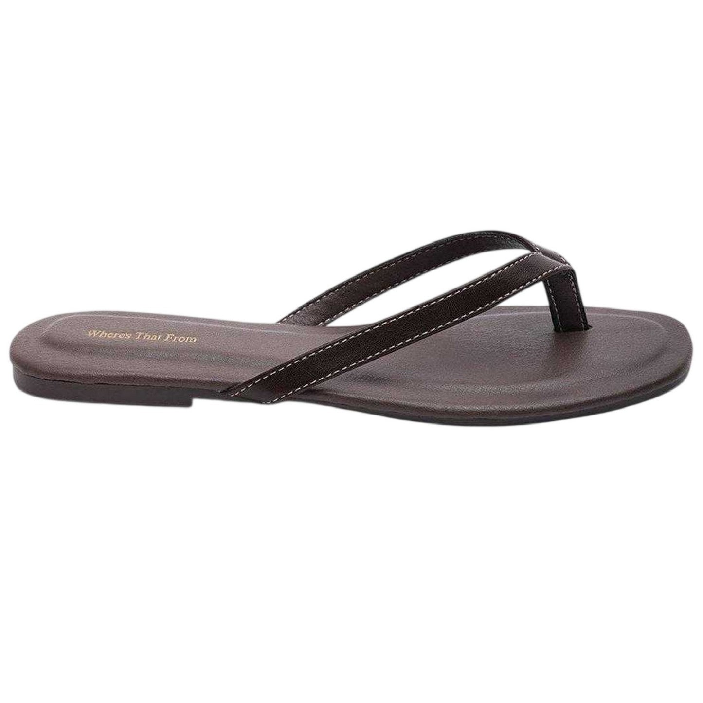Dark Brown - Back - Where´s That From Womens-Ladies Contrast Detail Faux Leather Flat Flip Flops