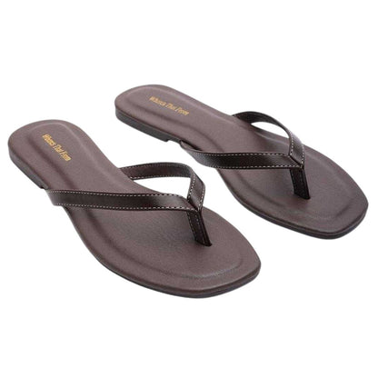 Dark Brown - Side - Where´s That From Womens-Ladies Contrast Detail Faux Leather Flat Flip Flops