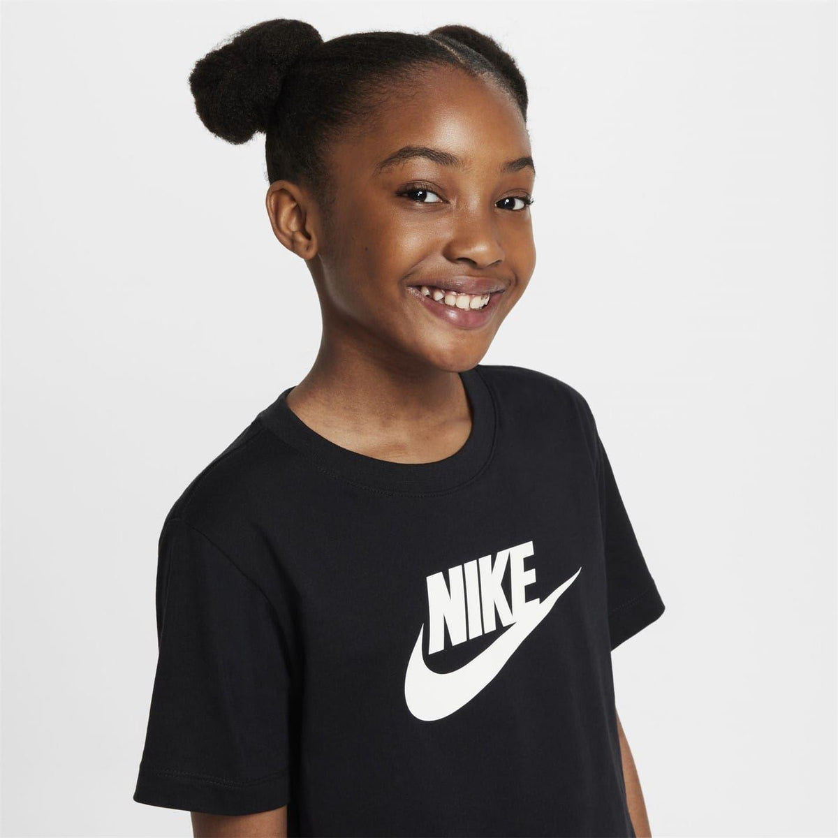 Black-White - Side - Nike Childrens-Kids Futura Swoosh Boxy T-Shirt
