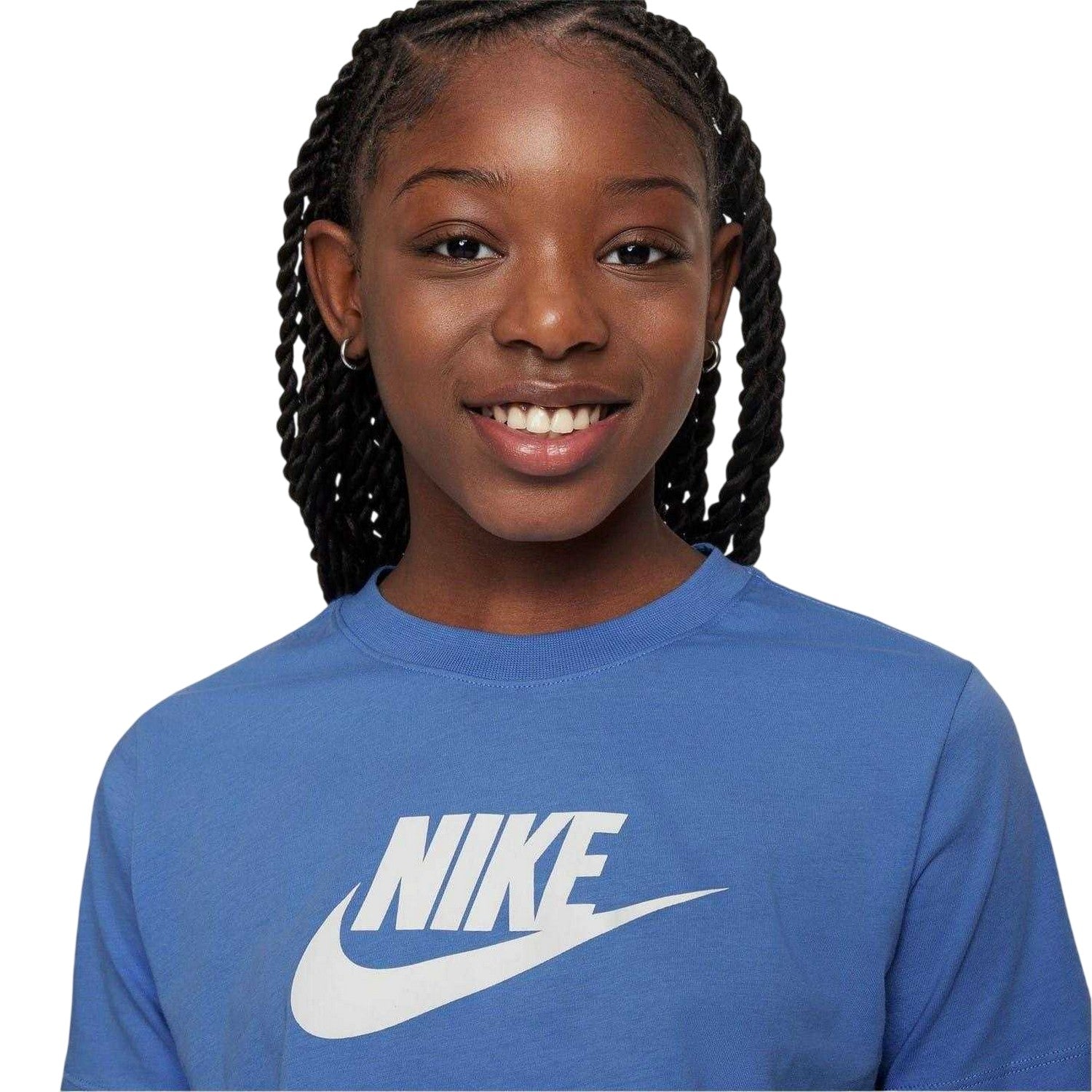 Blue - Side - Nike Childrens-Kids Futura Swoosh Boxy T-Shirt