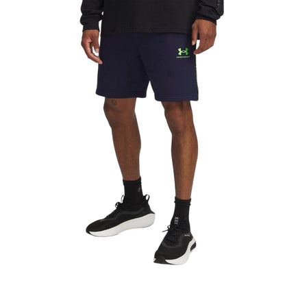 Navy-Cyber Green - Front - Under Armour Mens Icon Fleece Taped Sweat Shorts