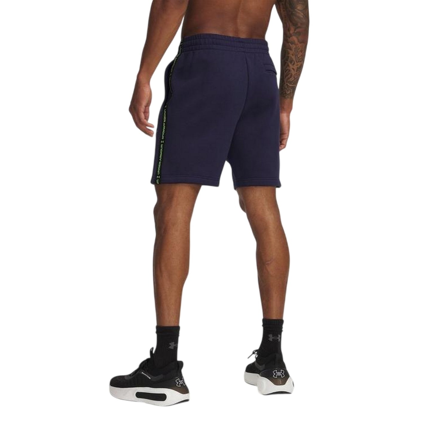 Navy-Cyber Green - Back - Under Armour Mens Icon Fleece Taped Sweat Shorts