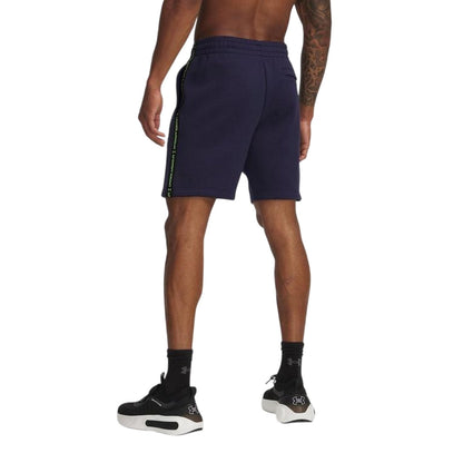 Navy-Cyber Green - Back - Under Armour Mens Icon Fleece Taped Sweat Shorts