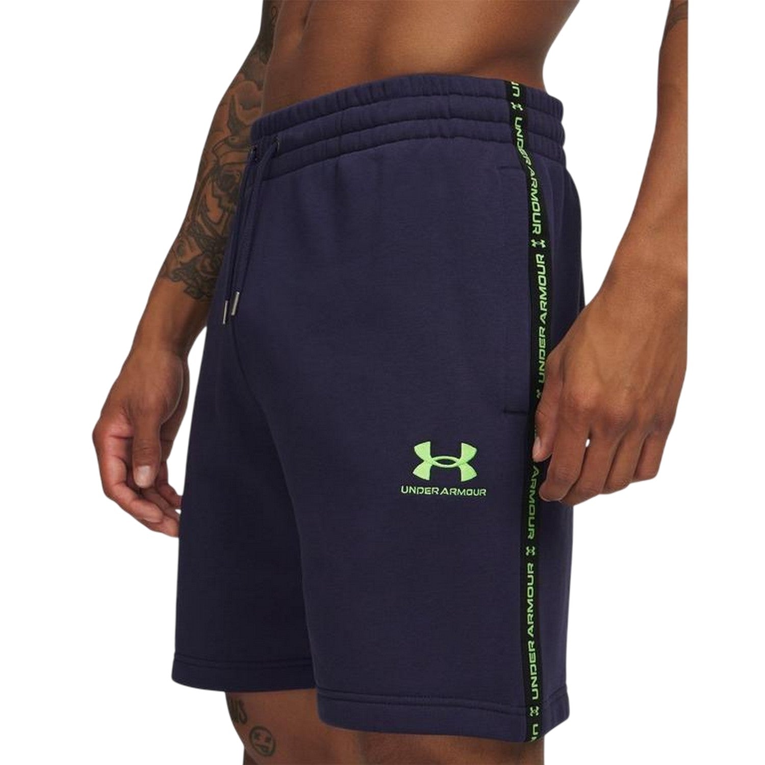 Navy-Cyber Green - Side - Under Armour Mens Icon Fleece Taped Sweat Shorts