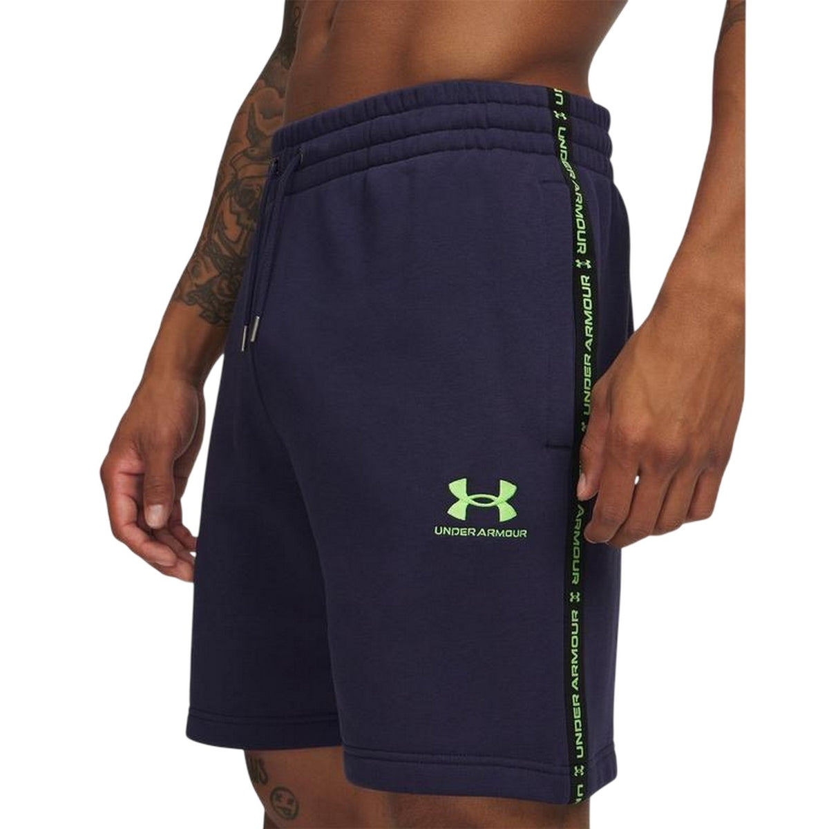 Navy-Cyber Green - Side - Under Armour Mens Icon Fleece Taped Sweat Shorts