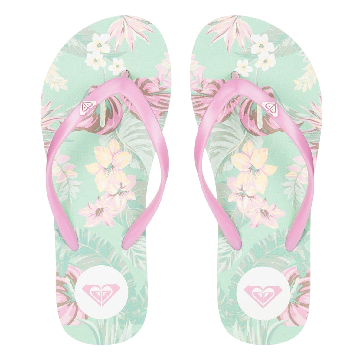 Green-Pink - Side - Roxy Womens-Ladies Open Toe Beach Flat Flip Flops