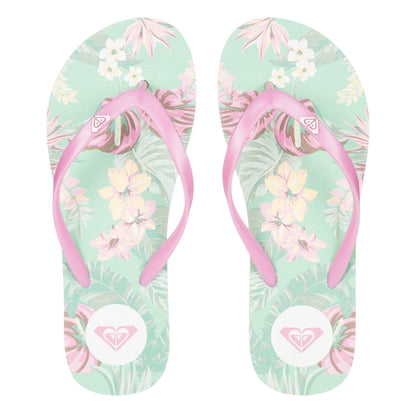 Green-Pink - Side - Roxy Womens-Ladies Open Toe Beach Flat Flip Flops