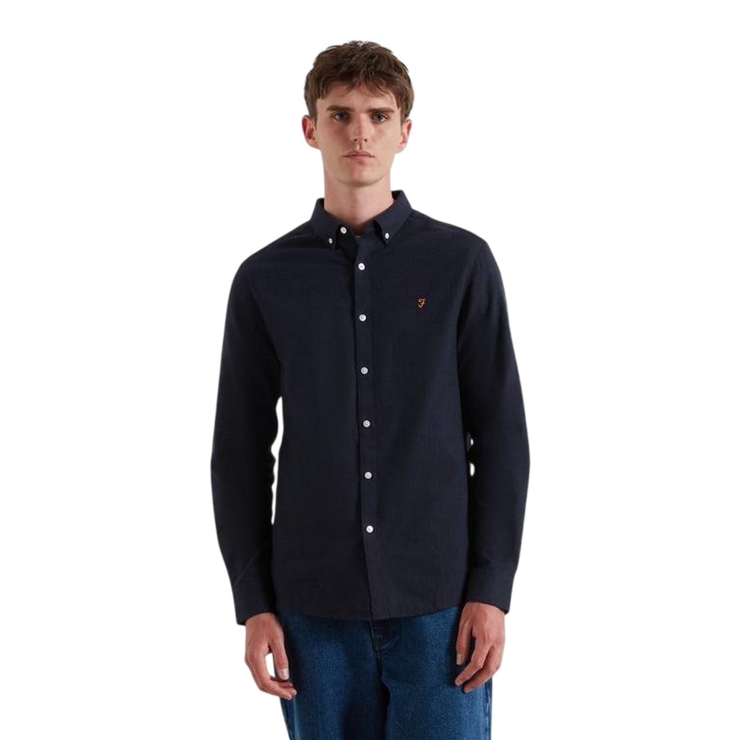 Navy Marl Marl - Front - Farah Mens Milners Oxford Long-Sleeved Button-Down Shirt