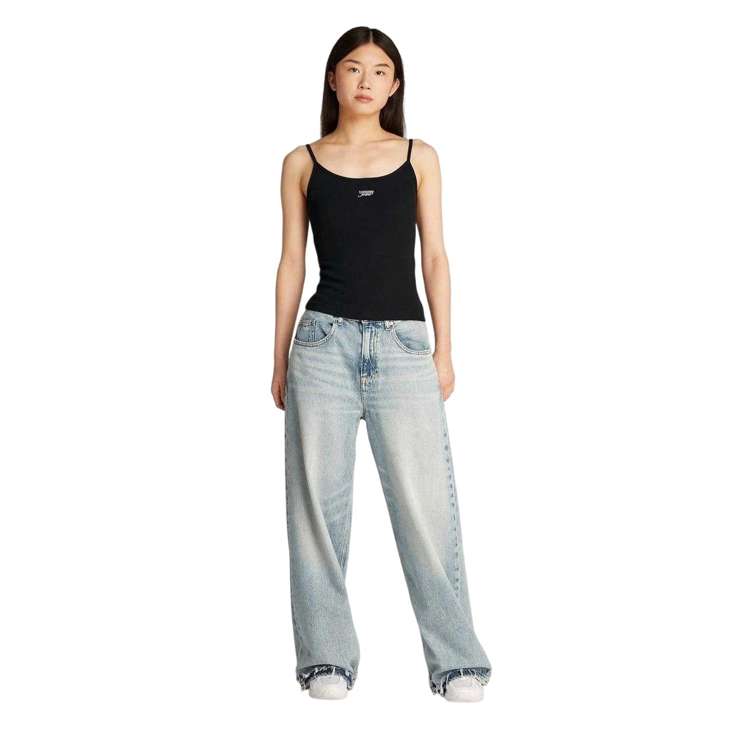 Black - Lifestyle - Tommy Jeans Womens-Ladies Script Cotton Blend Spaghetti Strap Slim Vest Top