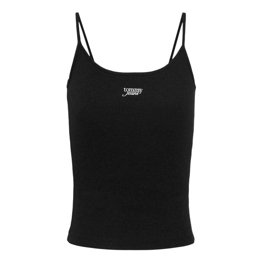 Black - Front - Tommy Jeans Womens-Ladies Script Cotton Blend Spaghetti Strap Slim Vest Top