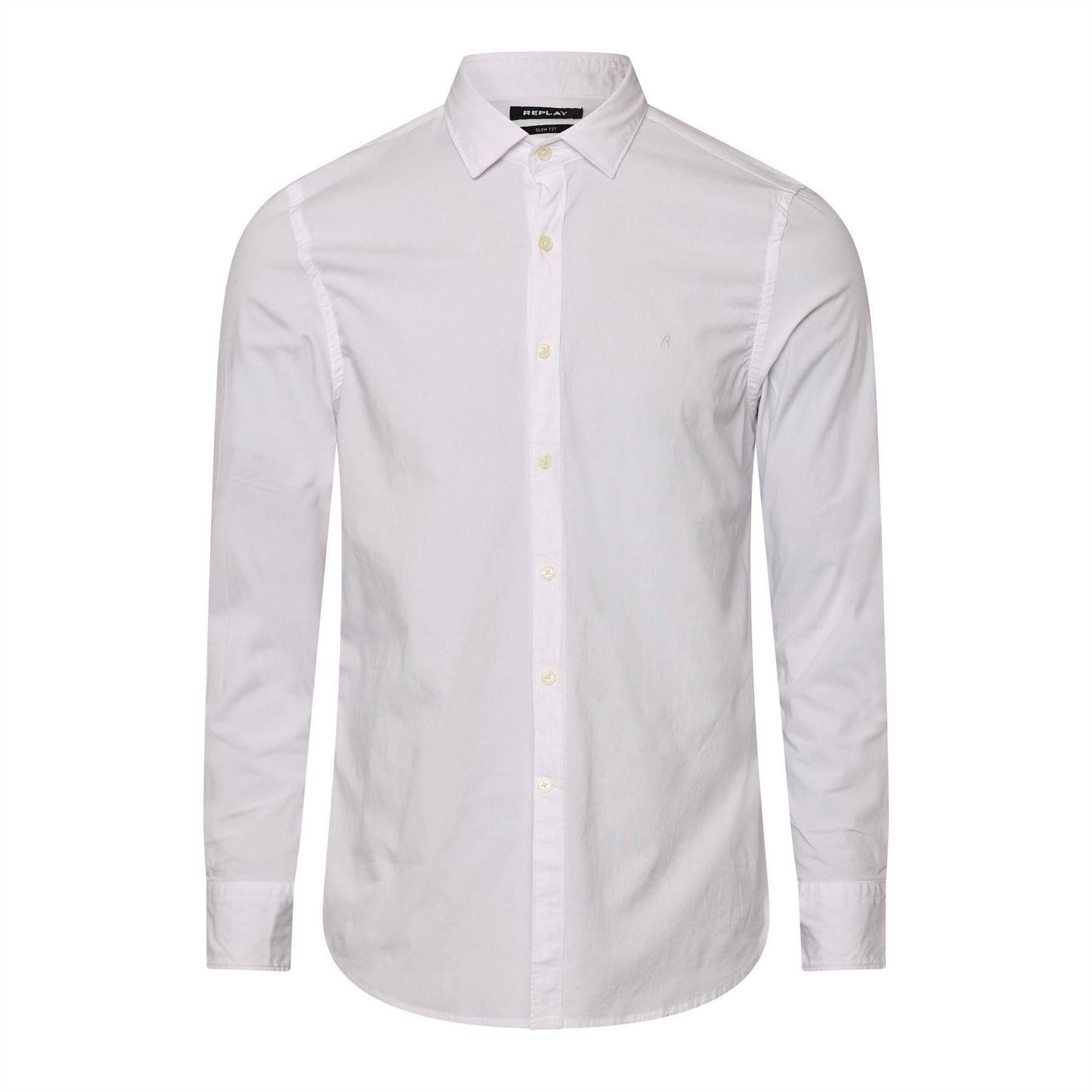 White - Front - Replay Mens Slim Long-Sleeved Button-Down Shirt