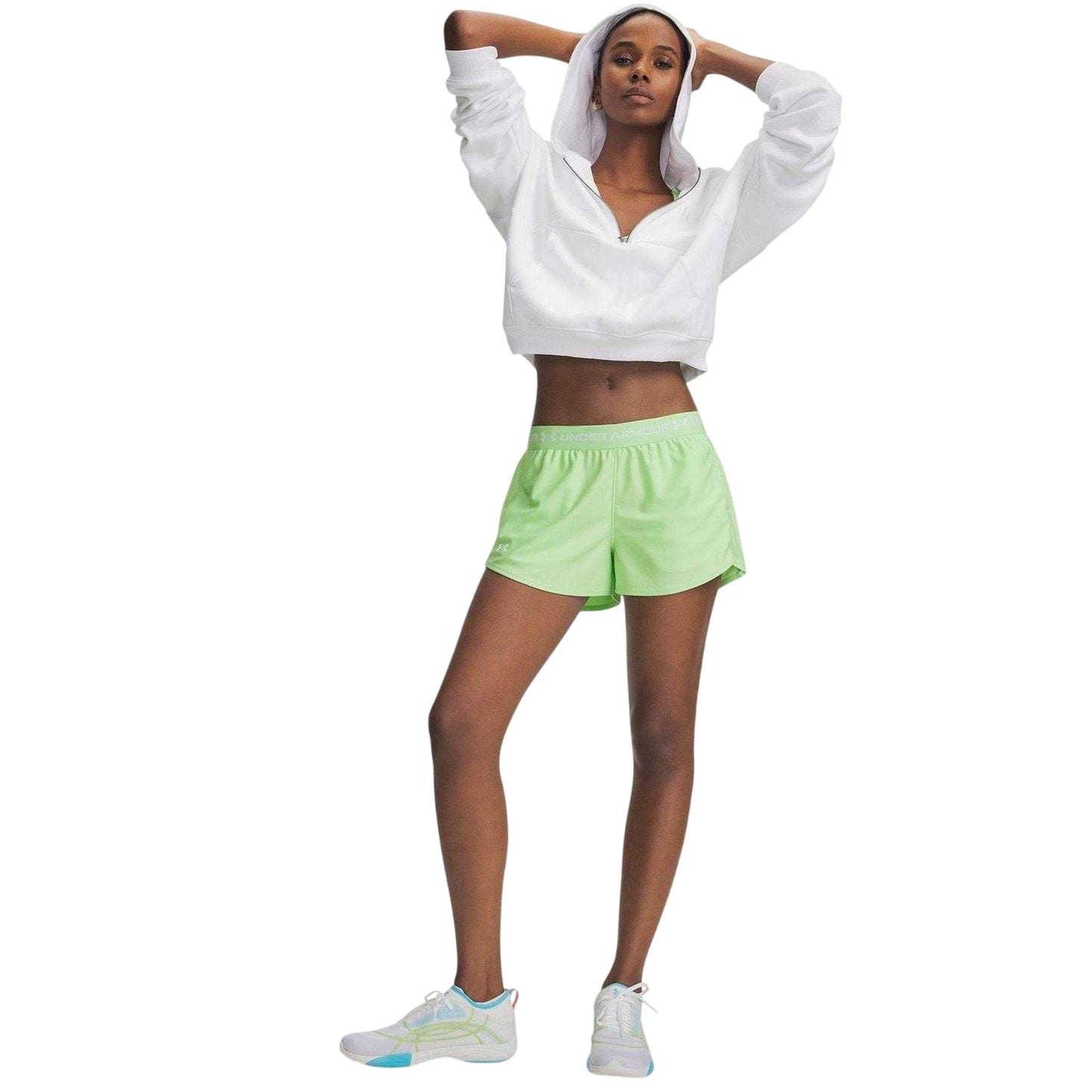 Lime-White - Side - Under Armour Womens-Ladies Play Up 2 in 1 Shorts