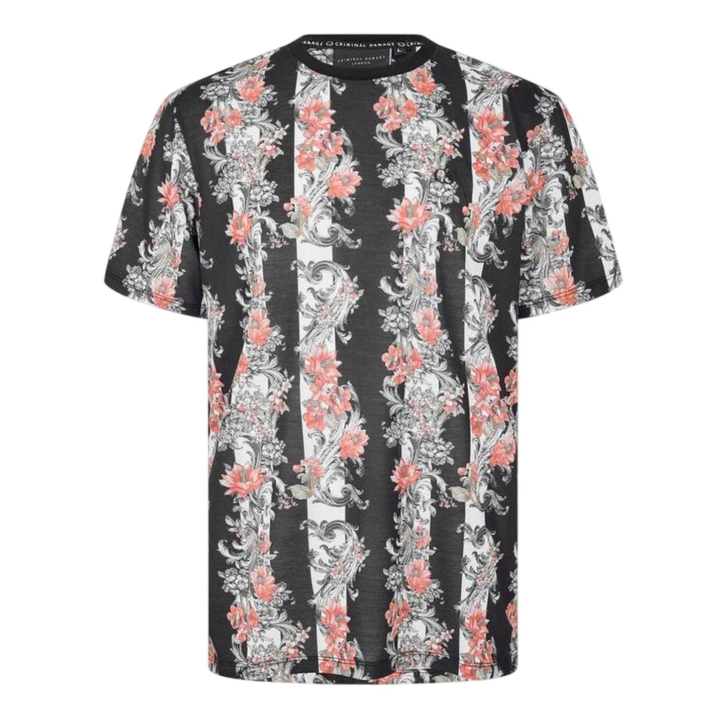 Black - Front - Criminal Damage Mens Chalky Floral Stripe T-Shirt