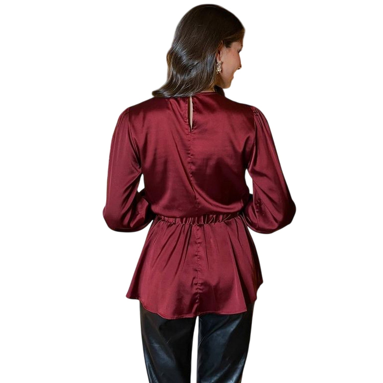 Wine - Back - Ax Womens-Ladies Gold Detail Belt Long-Sleeved Top