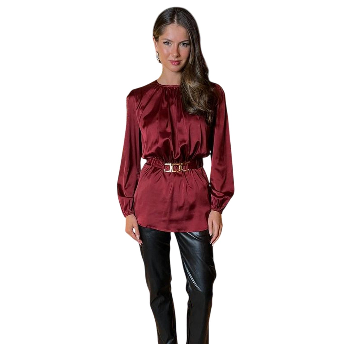 Wine - Side - Ax Womens-Ladies Gold Detail Belt Long-Sleeved Top