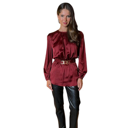 Wine - Side - Ax Womens-Ladies Gold Detail Belt Long-Sleeved Top