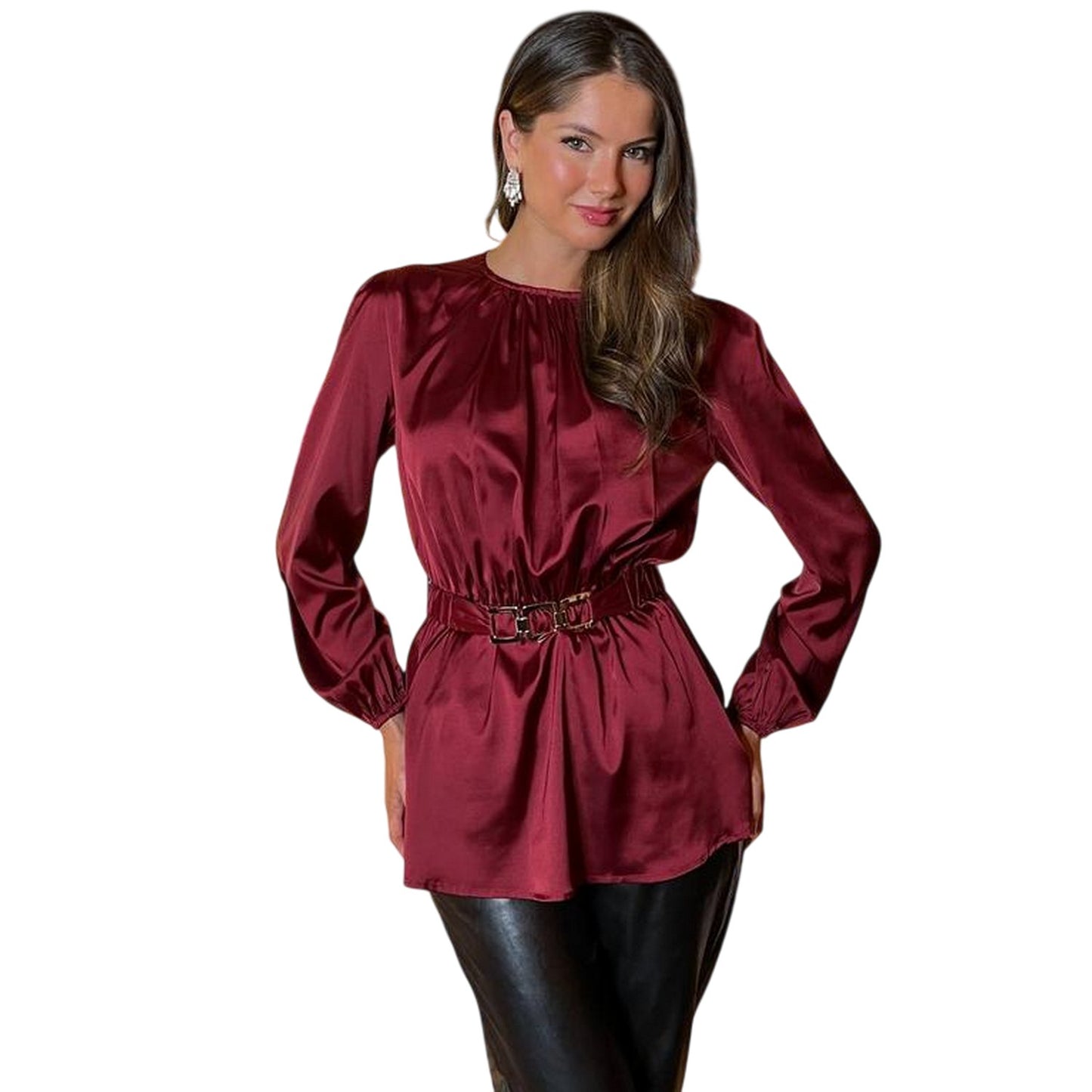 Wine - Front - Ax Womens-Ladies Gold Detail Belt Long-Sleeved Top