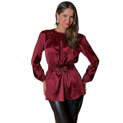 Wine - Front - Ax Womens-Ladies Gold Detail Belt Long-Sleeved Top