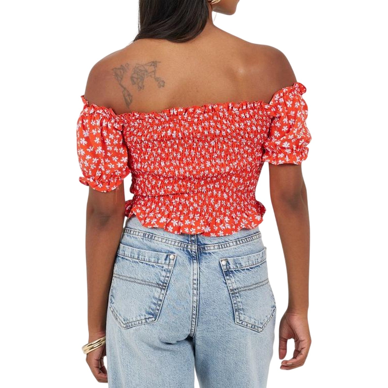 Red - Back - Brave Soul Womens-Ladies Off Shoulder Puff Sleeve Blouse