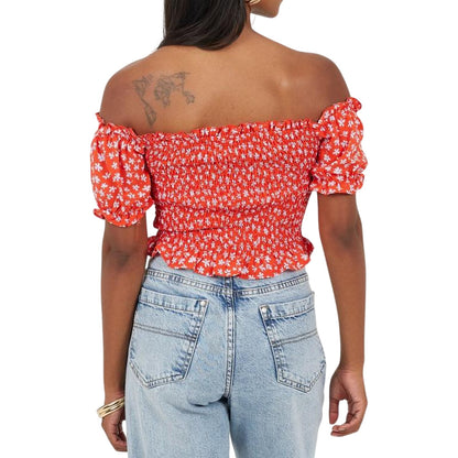 Red - Back - Brave Soul Womens-Ladies Off Shoulder Puff Sleeve Blouse