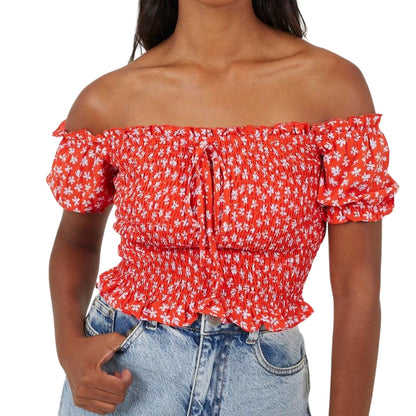 Red - Side - Brave Soul Womens-Ladies Off Shoulder Puff Sleeve Blouse