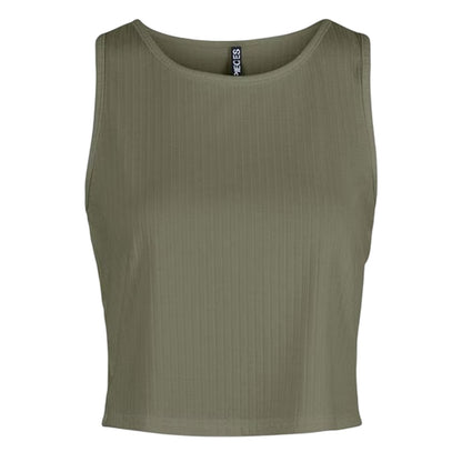 Deep Green - Front - Pieces Womens-Ladies Cropped Slim Sleeveless Tank Top