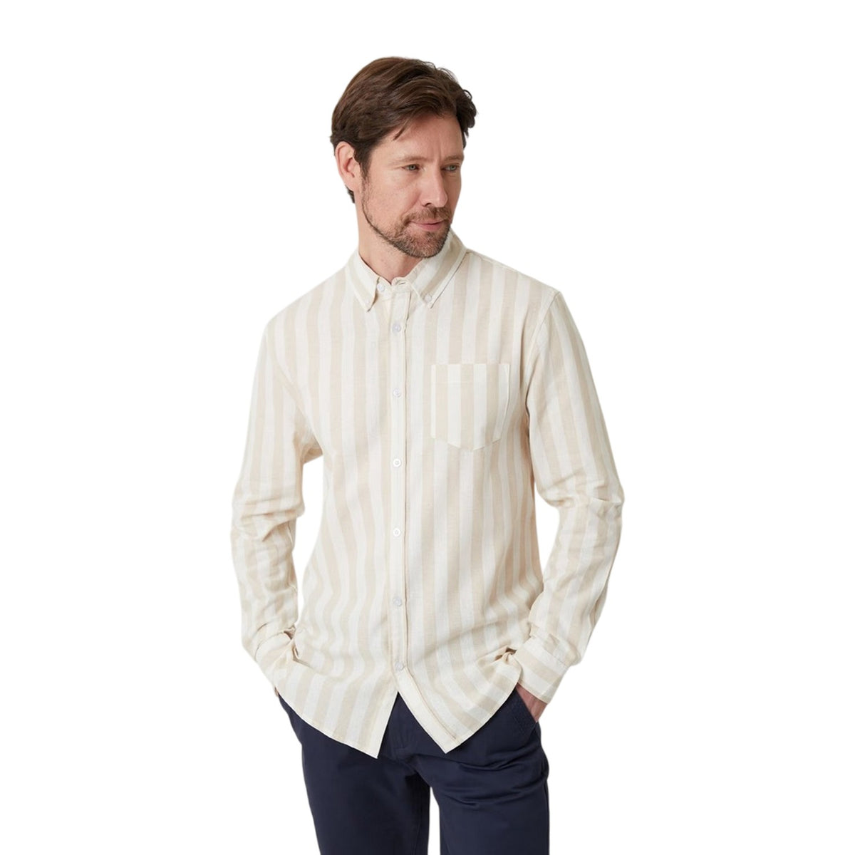 Stone-Ecru - Front - Saltwell Mens Oxford Regular Long-Sleeved Button-Down Shirt