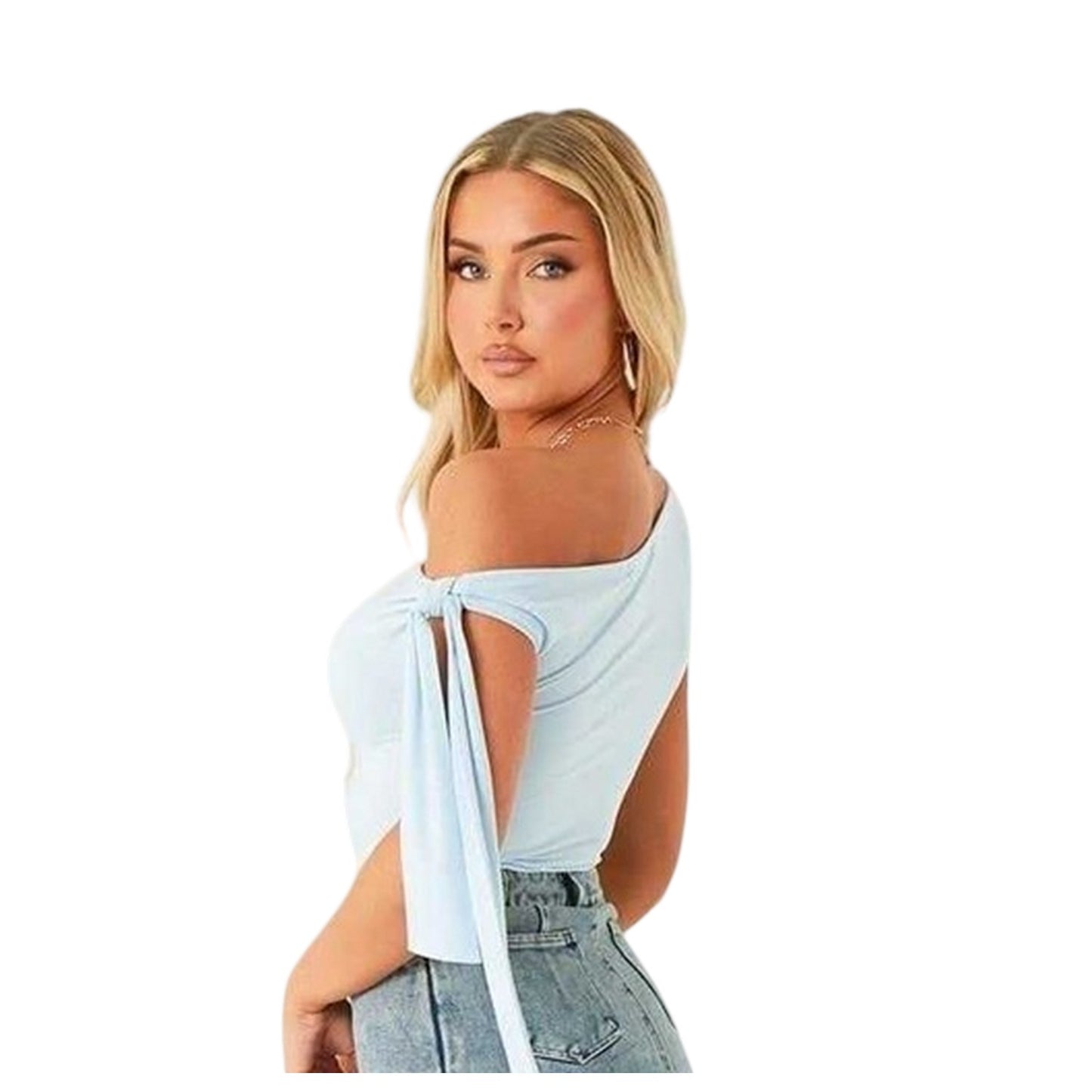 Blue - Back - Missy Empire Womens-Ladies One Shoulder Tie Sleeves Top