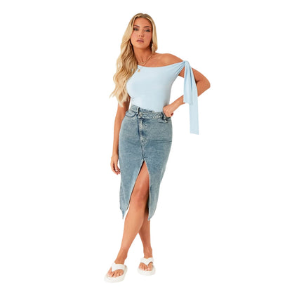 Blue - Side - Missy Empire Womens-Ladies One Shoulder Tie Sleeves Top