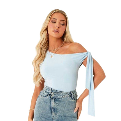 Blue - Front - Missy Empire Womens-Ladies One Shoulder Tie Sleeves Top