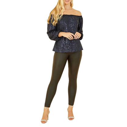 Navy - Side - Yumi Womens-Ladies Sequin Off-the-Shoulder Blouse