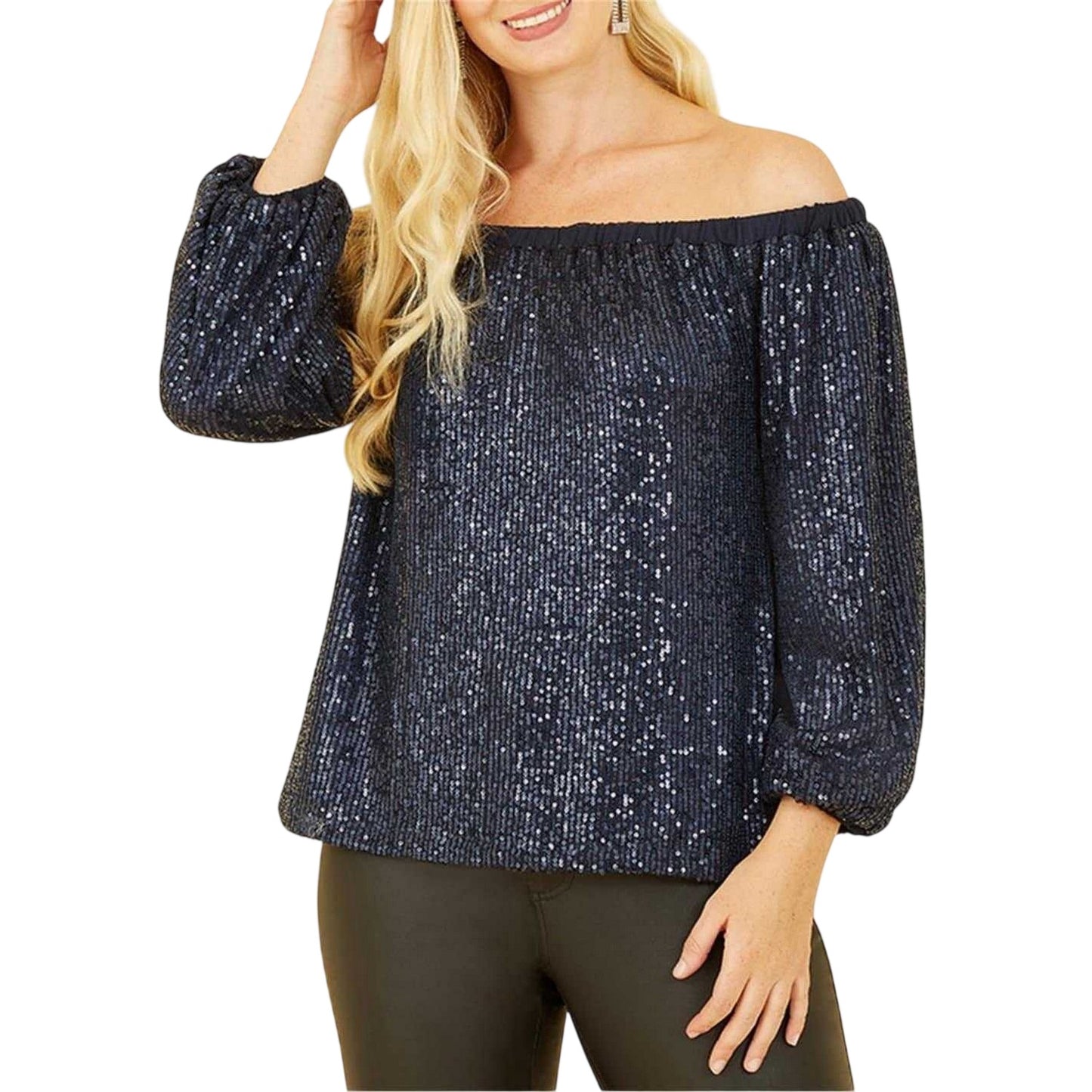 Navy - Front - Yumi Womens-Ladies Sequin Off-the-Shoulder Blouse