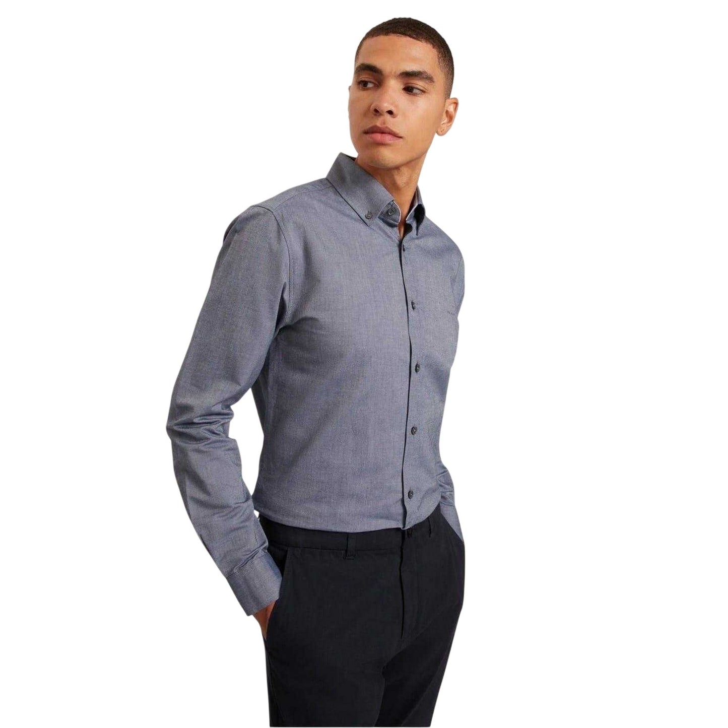 Navy - Side - Ted Baker Mens Oxford Regular Long-Sleeved Button-Down Shirt