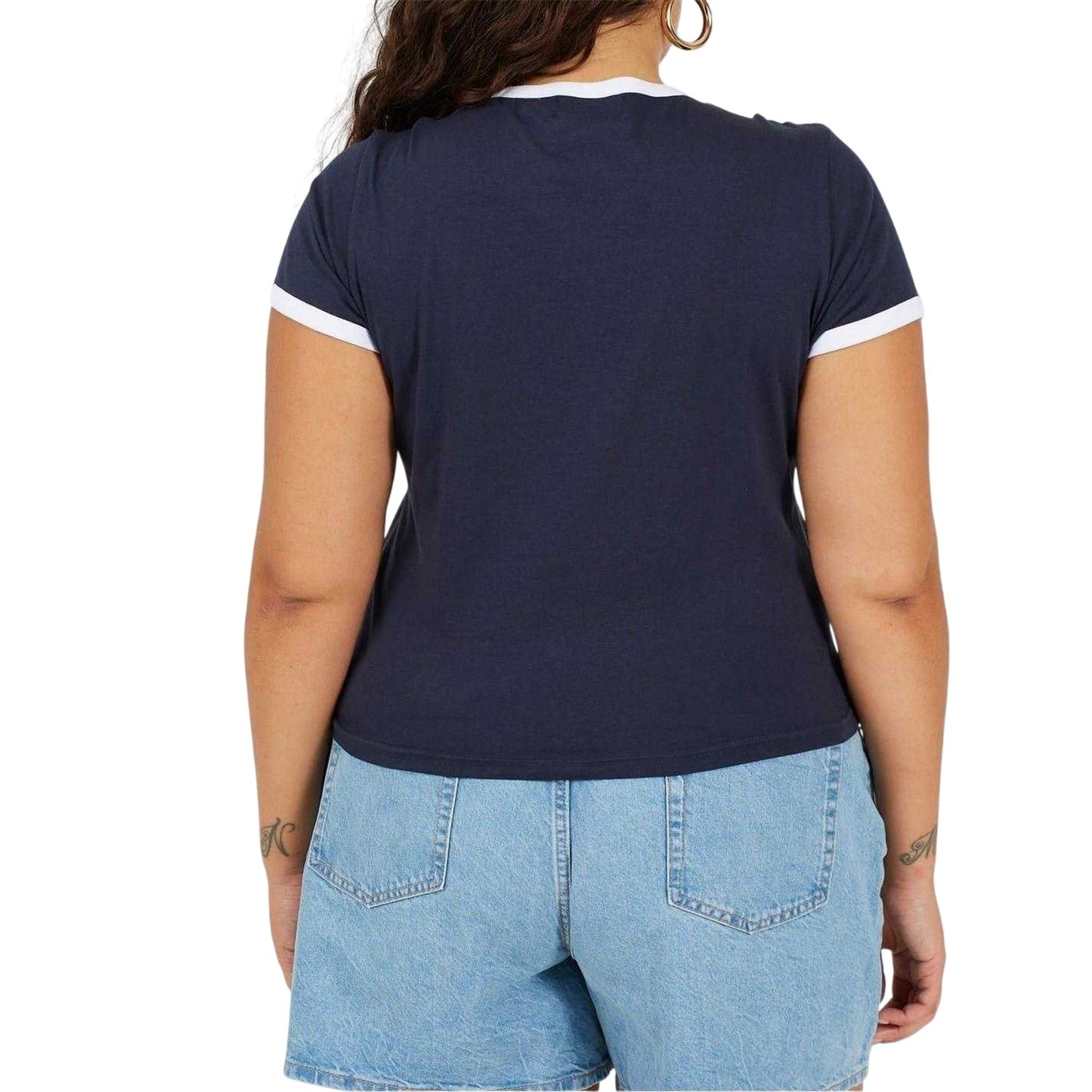 Navy-White - Back - Brave Soul Womens-Ladies Ringer Crew Neck Plus T-Shirt