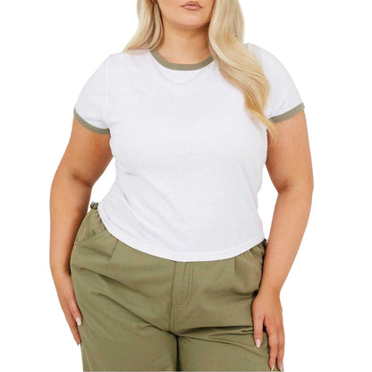 White-Khaki - Front - Brave Soul Womens-Ladies Ringer Crew Neck Plus T-Shirt