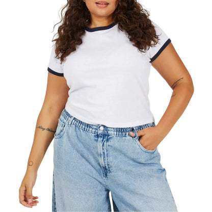 White-Navy - Front - Brave Soul Womens-Ladies Ringer Crew Neck Plus T-Shirt