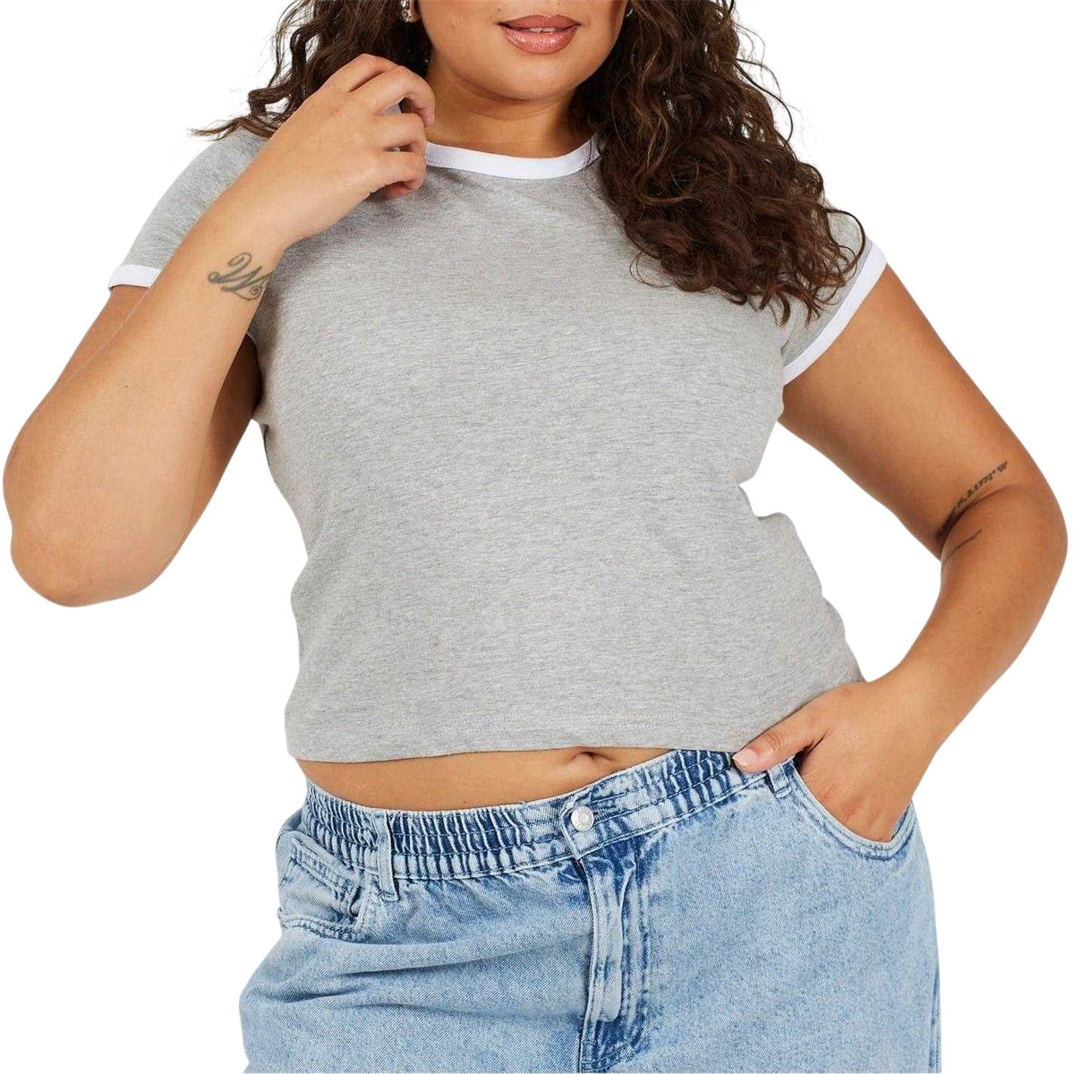 Grey-White - Front - Brave Soul Womens-Ladies Ringer Crew Neck Plus T-Shirt