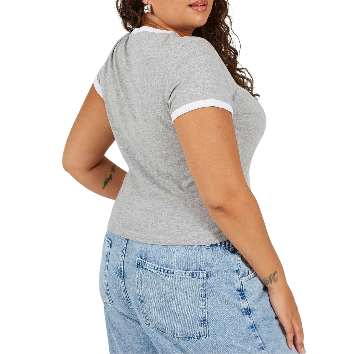 Grey-White - Back - Brave Soul Womens-Ladies Ringer Crew Neck Plus T-Shirt