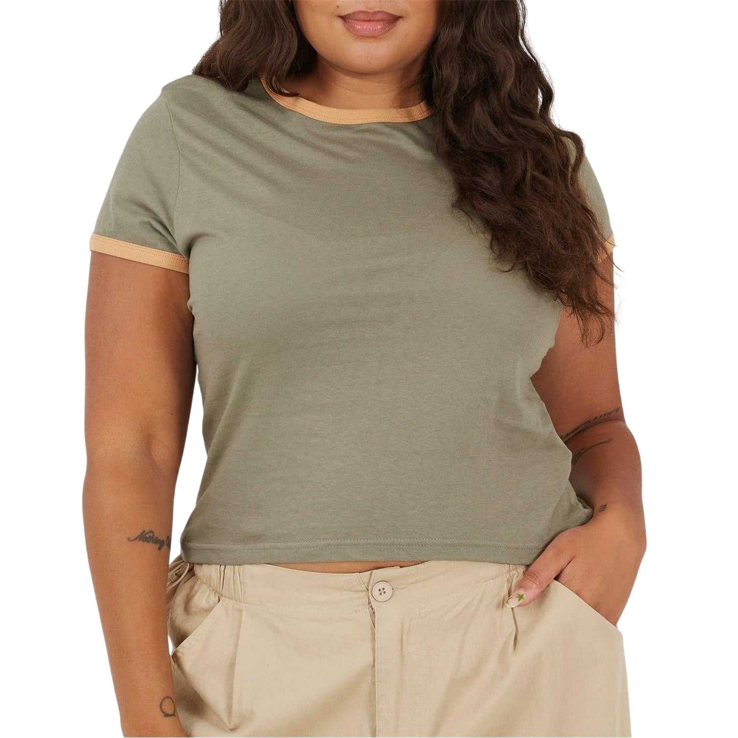 Khaki-Camel - Front - Brave Soul Womens-Ladies Ringer Crew Neck Plus T-Shirt