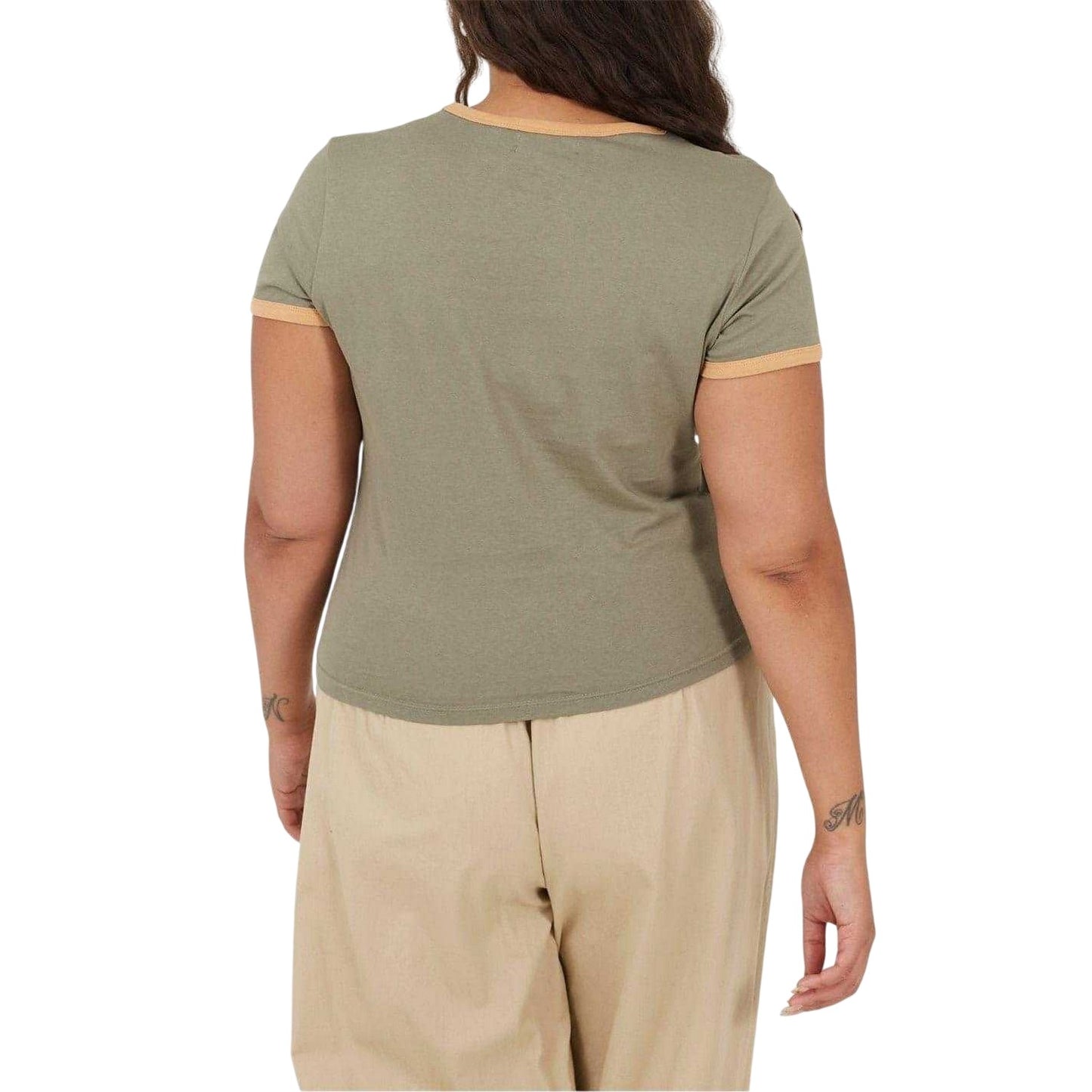 Khaki-Camel - Back - Brave Soul Womens-Ladies Ringer Crew Neck Plus T-Shirt