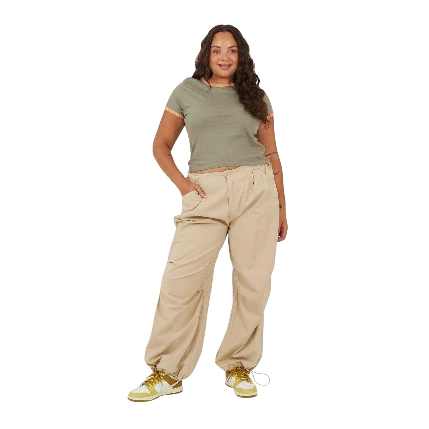 Khaki-Camel - Side - Brave Soul Womens-Ladies Ringer Crew Neck Plus T-Shirt