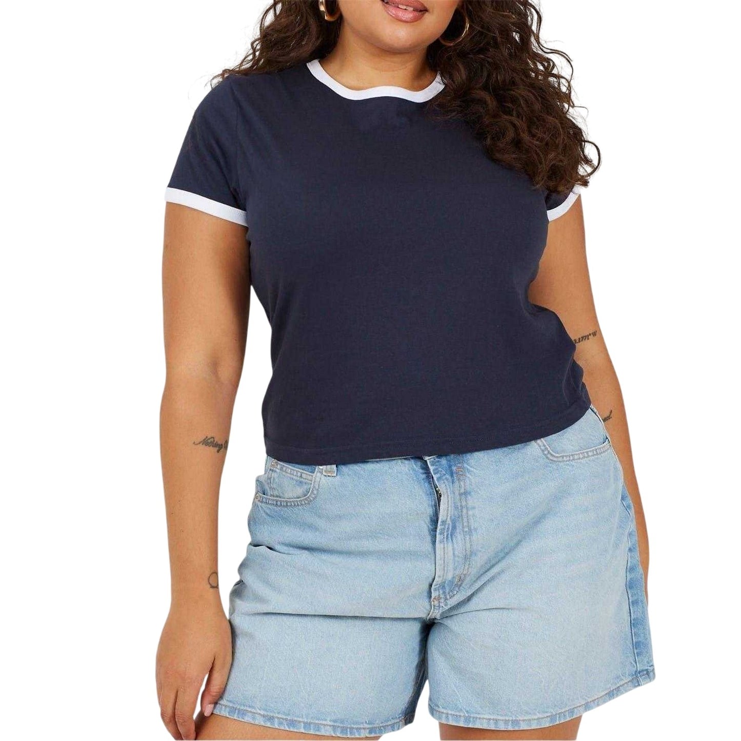 Navy-White - Front - Brave Soul Womens-Ladies Ringer Crew Neck Plus T-Shirt