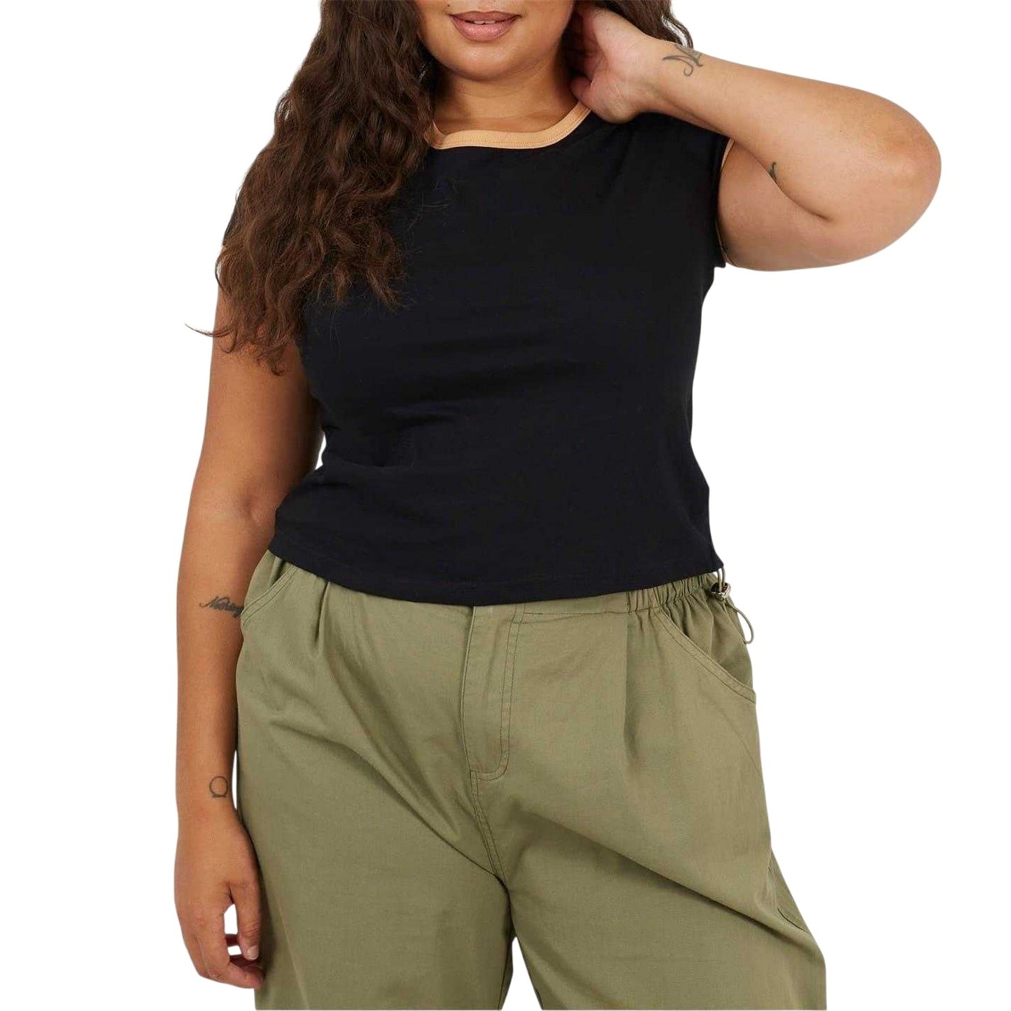 Black-Camel - Front - Brave Soul Womens-Ladies Ringer Crew Neck Plus T-Shirt